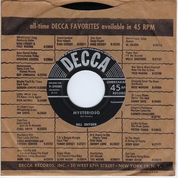 Bill Snyder 45 Driftwood / Mysterioso on Decca VG+ Jazz Instrumental - Picture 2 of 2